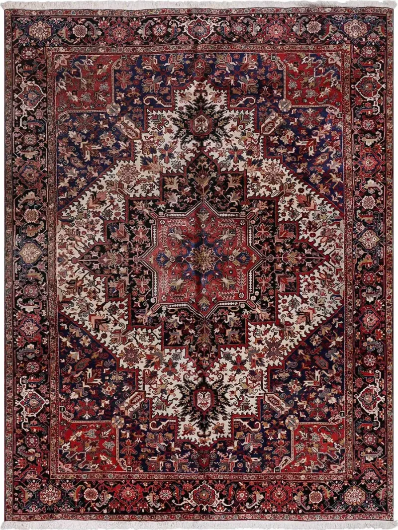 Antique Persian Heriz Ivory/Navy Blue  -  9' 11'' x  13' 