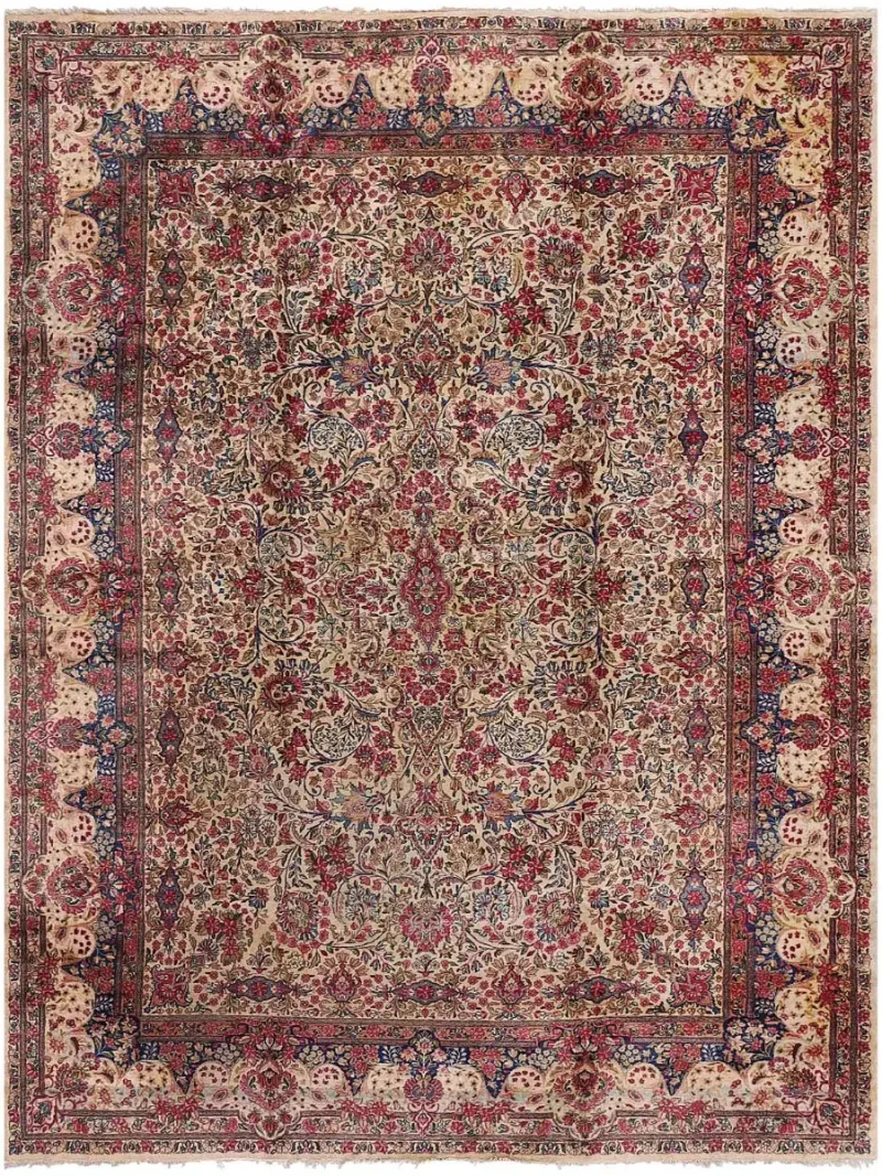 Antique Persian Lavar Kerman Ivory/Light Blue  -  9' 9'' x  14' 4''