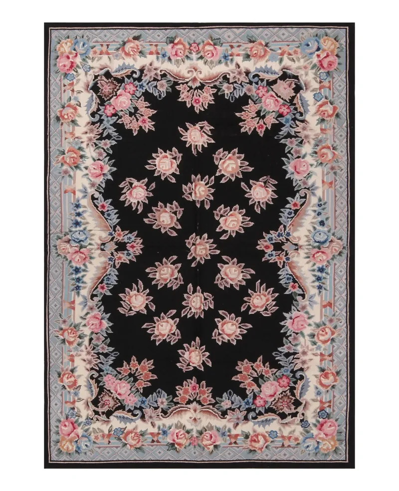 Chinese Needlepoint Aubusson Black/Light Blue  -  4'  x  6' 