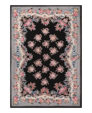 Chinese Needlepoint Aubusson Black/Light Blue - 4' x 6'