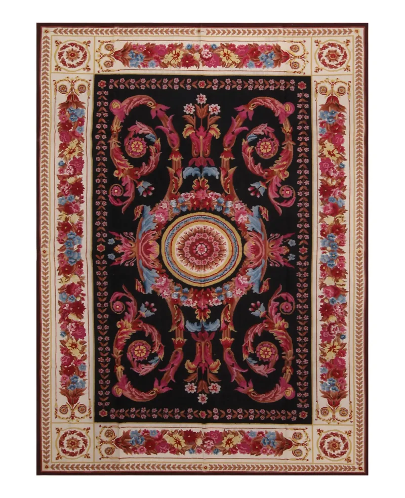 Chinese Needlepoint Aubusson Black/Ivory  -  6'  x  9' 
