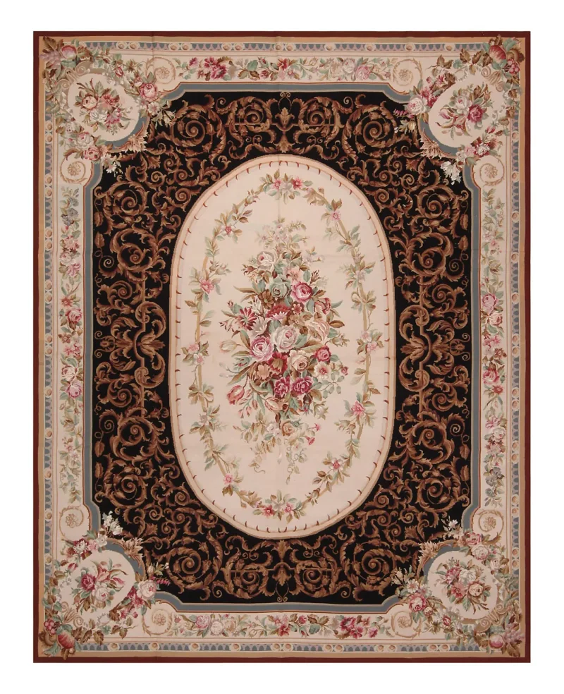 Chinese Needlepoint Aubusson Black/Ivory  -  7' 9'' x  9' 6''