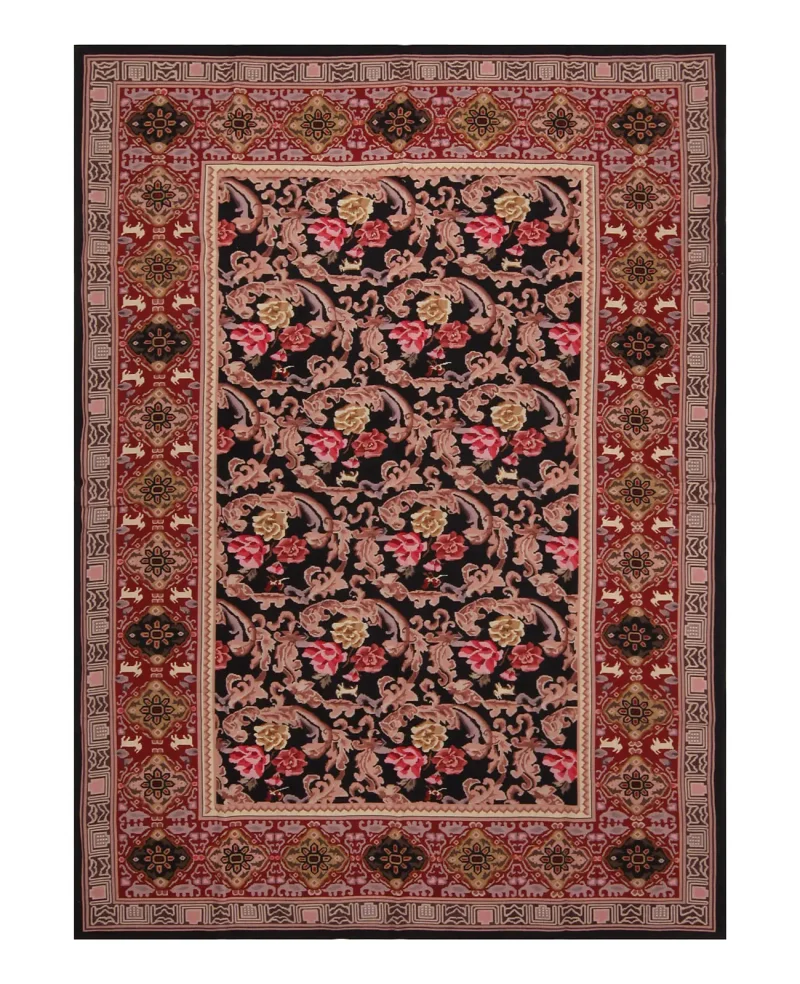 Chinese Needlepoint Floral Black/Red  -  6'  x  9' 