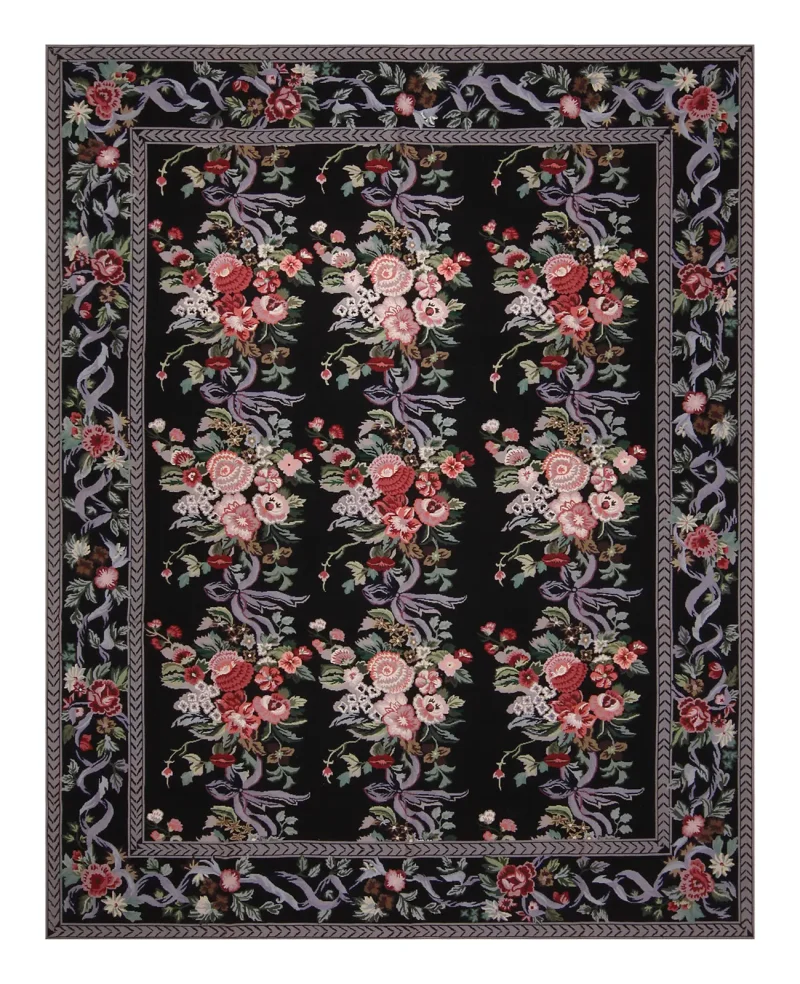 Chinese Needlepoint Floral Black/Multi  -  8'  x  10' 