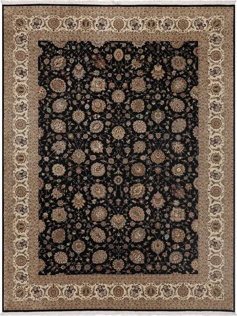 Chinese Wool and Silk Kashan Black/Ivory  -  8' 6'' x  11' 6''