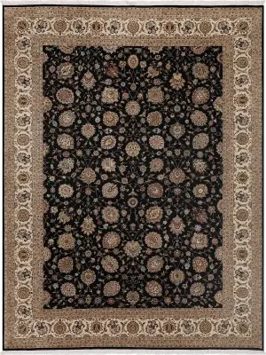 Chinese Wool and Silk Kashan Black/Ivory - 8' 6'' x 11' 6''
