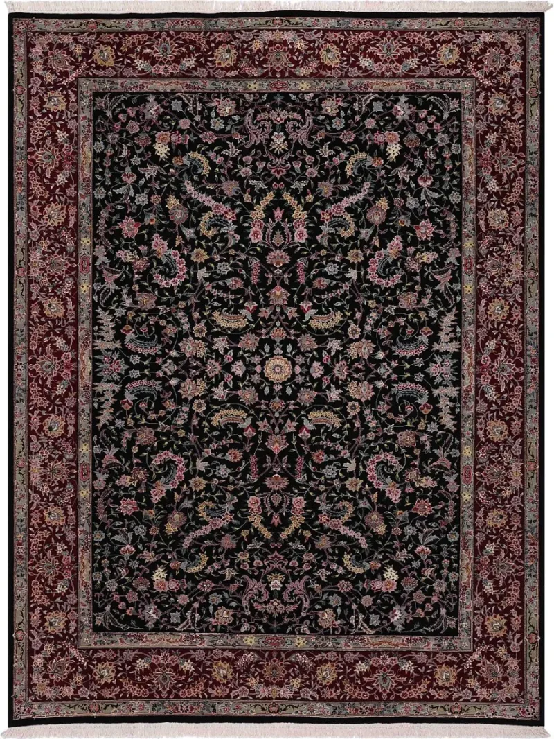 Chinese Wool and Silk Kashan Black/Red  -  9'  x  12' 