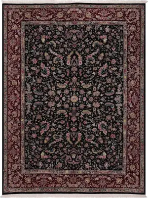 Chinese Wool and Silk Kashan Black/Red - 9' x 12'