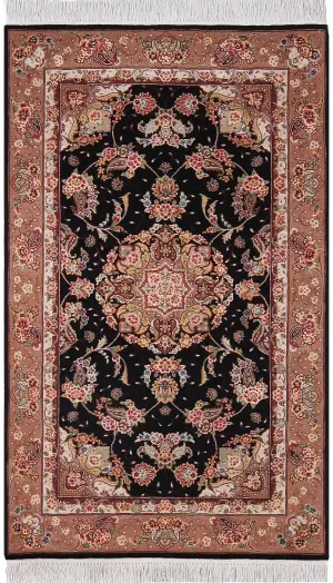 Chinese Wool and Silk Tabriz Black - 3' 1'' x 5'