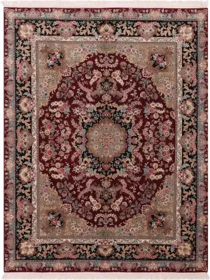 Chinese Wool and Silk Tabriz Burgundy/Black - 7' 9'' x 9' 9''