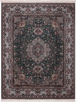 Chinese Wool and Silk Tabriz Green/Ivory - 7' 9'' x 9' 9''