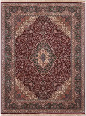 Chinese Wool and Silk Tabriz Burgundy/Teal - 9' x 12'
