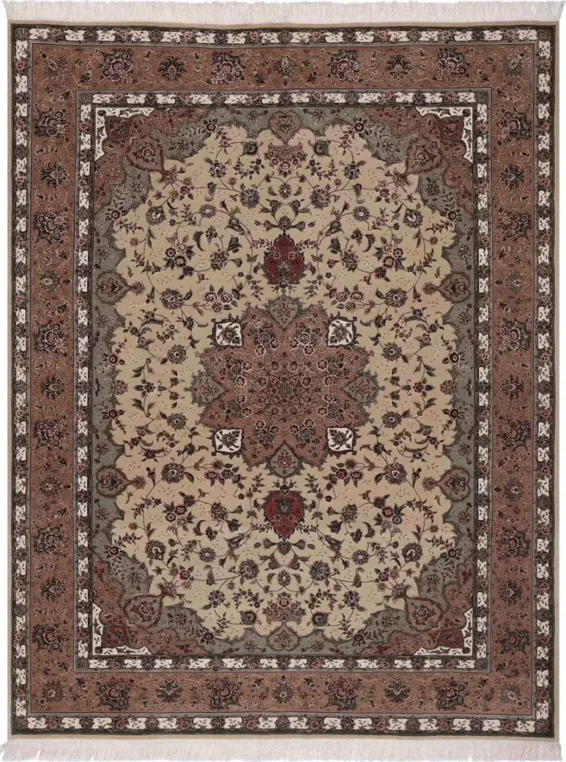 Chinese Wool and Silk Tabriz Ivory/Sage Green  -  9'  x  12' 