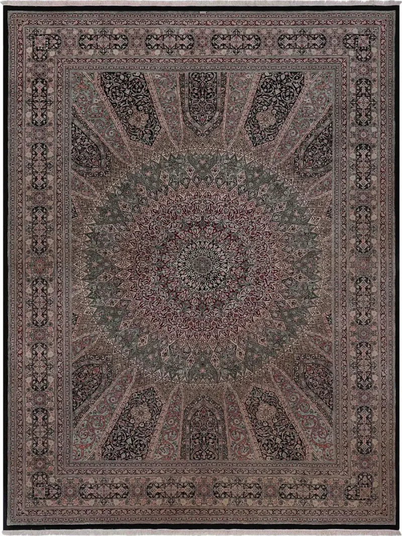 Chinese Wool Tabriz Mosque Black/Multi  -  9'  x  12' 