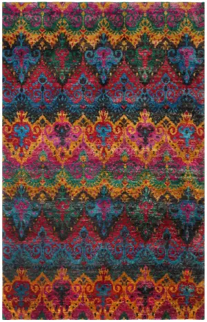 Indian Sari Silk Ikat Multi - 5' 9'' x 9'