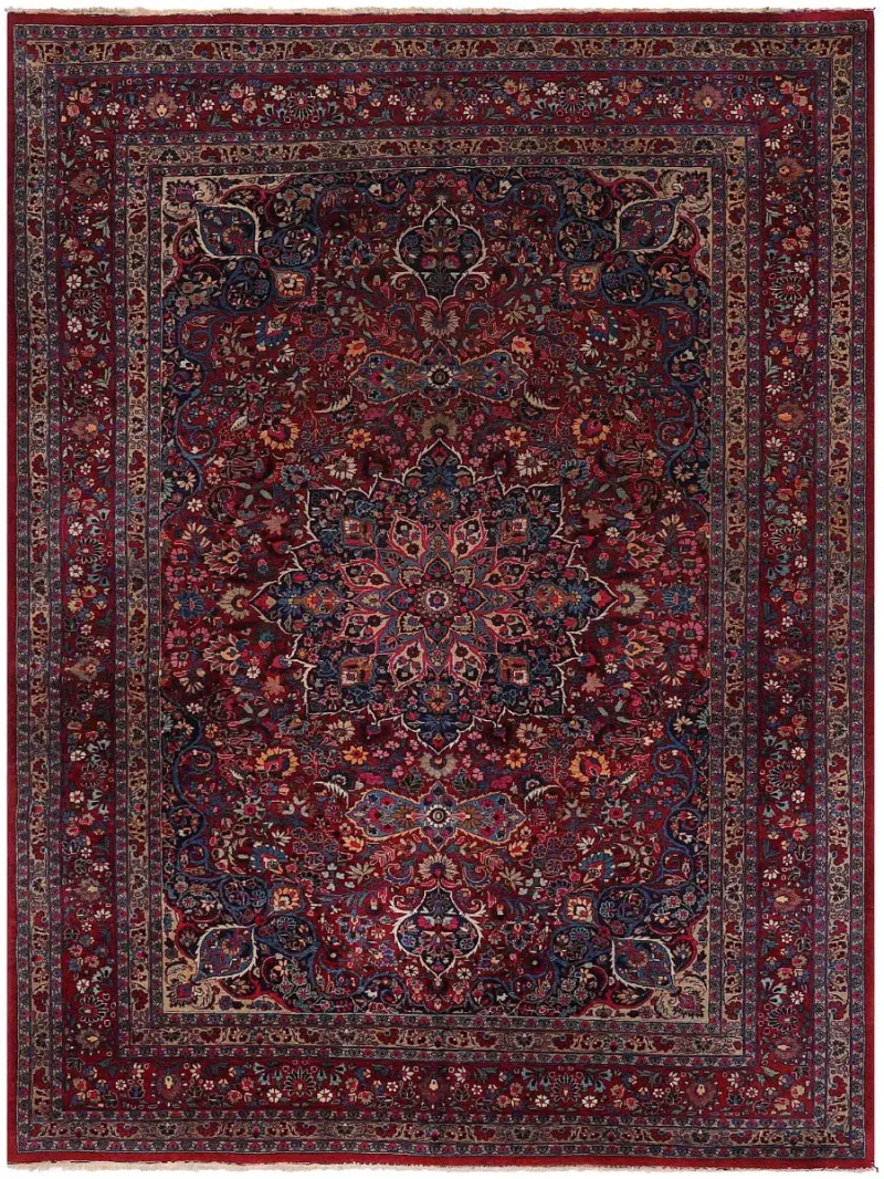 Semi-Antique Persian Mashad Red/Navy  -  8' 11'' x  12' 5''